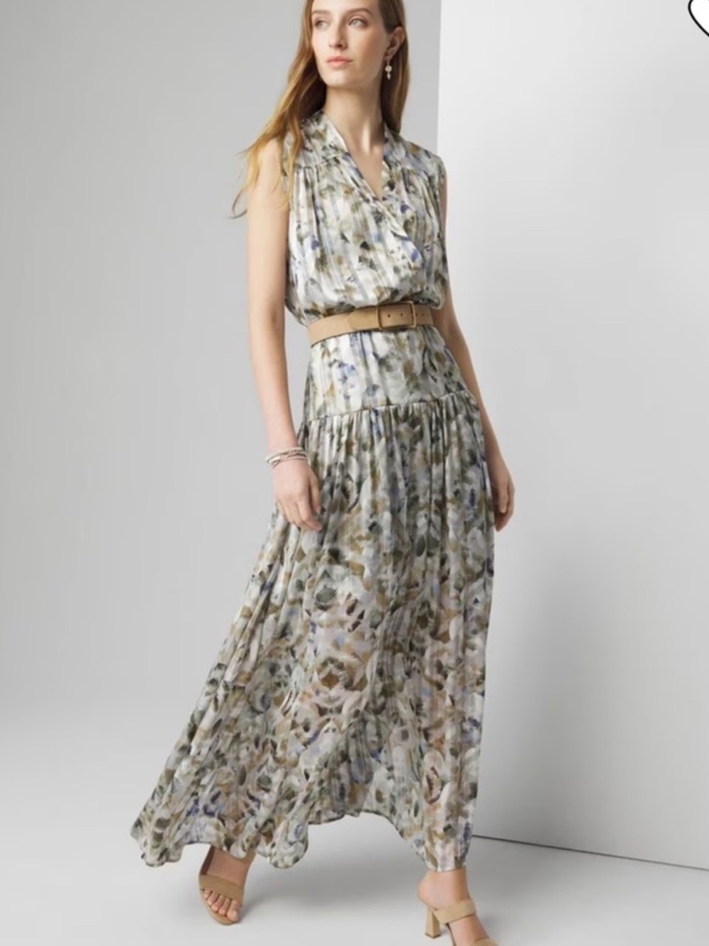 WHBM Floral Pleated Sleeveless Maxi Dress in Olive & Blue XS